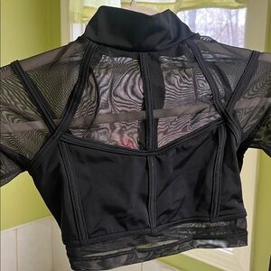 Black Mesh Long Sleeve Crop Top, Dance Night Out, zippered back, high neck